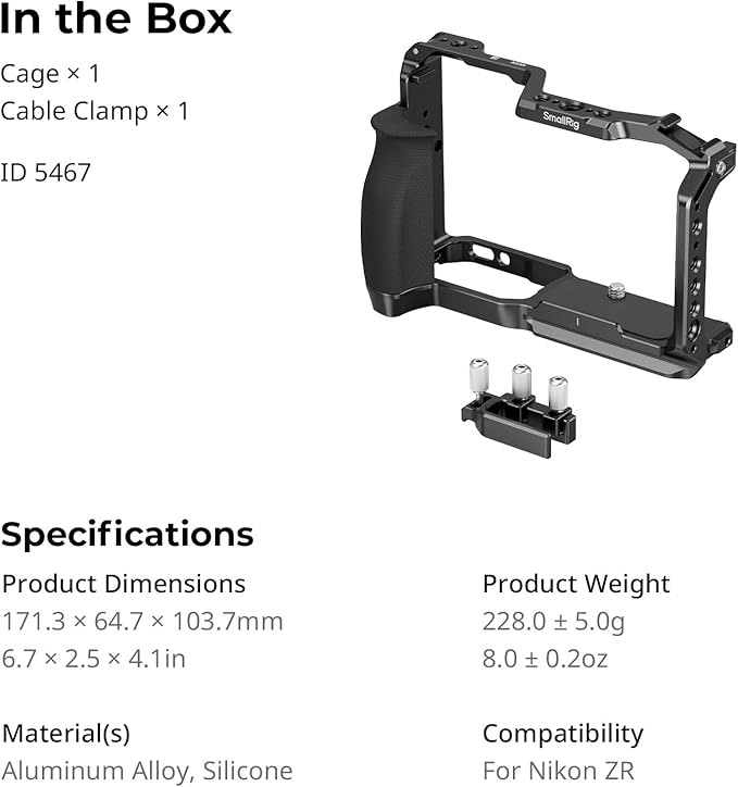 SmallRig Camera Cage for Nikon ZR with Silicone Grip and Cable Clamp for HDMI, Aluminum Alloy Full Camera Cage with Cold Shoe, Anti-Twist Design, Built-in Quick-Release Plate for Arca -5467