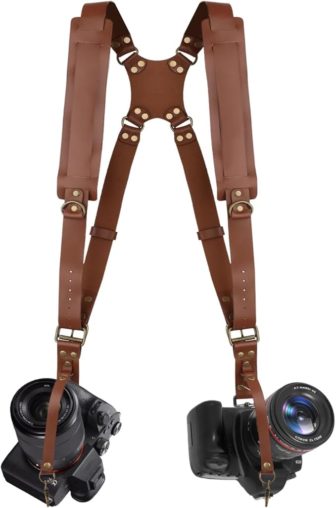 Bebaimis Dual Camera Harness Strap for Two-Cameras,Dual Shoulder Leather Camera Strap,Double Camera Harness for DSLR/SLR