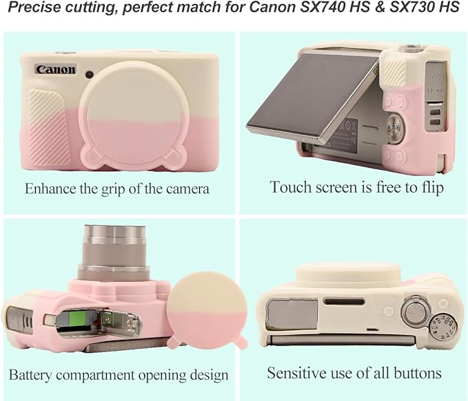 Pocoukate Case for Canon PowerShot SX740 HS Camera with Screen Protector, Soft Silicone Protective Skin with Removable Lens Cover for SX740/SX730 HS Accessories Rubber - Misty White Sakura Pink ﻿