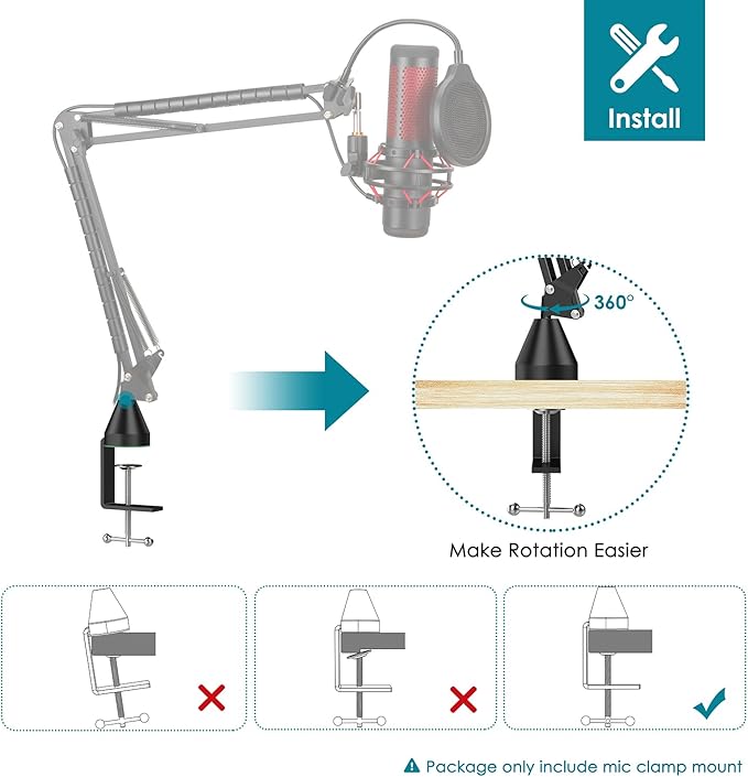YOUSHARES Table Mount Clamp for Mic - Boom Arm Clamp for Microphone Arm Stand with Adjustable Screw, the Maximum Gap is 6cm/2.36 inch