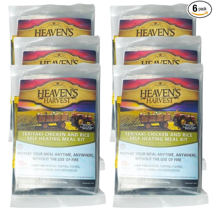 Heaven's Harvest Self-Heating Emergency Meal Kit (10 Year Shelf Life) — Tastier than MRE Meals & Ready-To-Eat in Minutes! Just add water to activate the “cooking” process. (Teriyaki Chicken) (6-Pack)