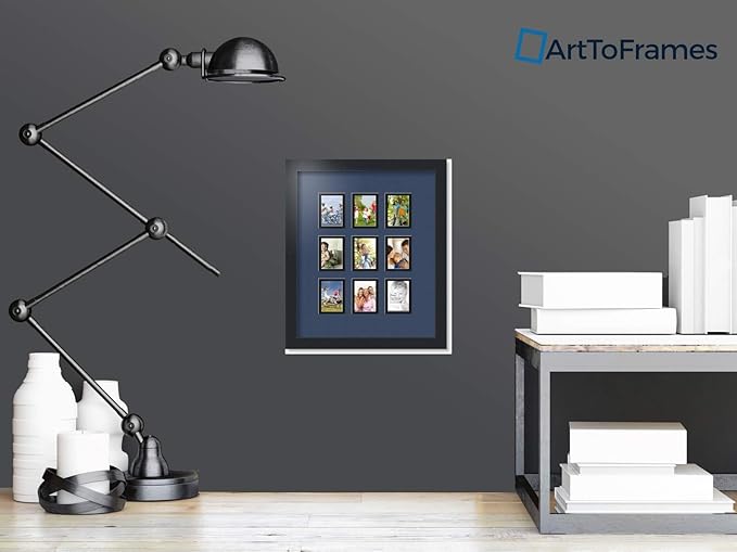 ArtToFrames Collage Photo Frame Double Mat with 9-2.5x3.5 Openings with Satin Black Frame and Midnight Blue mat.