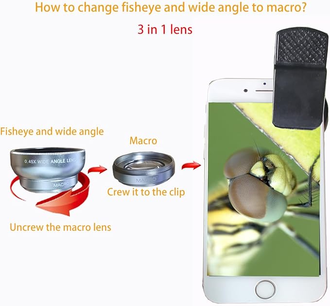 Fisheye Lens iPhone Phone Camera Lens Kit Wide Angle Macro for iPhone 14 13 12 11 X XS Xr Se 8 pro max Mini Samsung Most Phones with Clip PU Bag (Silver) … …