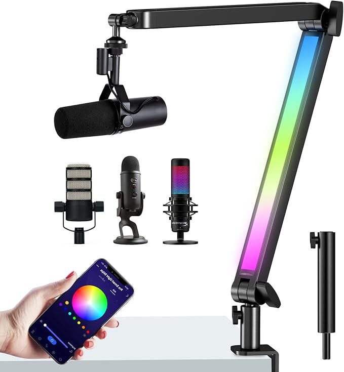 RGB Mic Boom Arm for Fifine, HyperX QuadCast 1/2 / QuadCast S/SoloCast, Shure SM7B / MV7, Blue Yeti, Rode, Shure, Razer, Gaming Mic and Most Microphones using 3/8" to 5/8" Adapter