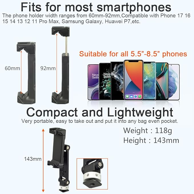 Aluminum Phone Tripod Mount Adapter with Cold Shoe and 1/4” Threaded Holes, 360° Rotation 230° Tilt Camera Phone Holder Mount for iphone Camera Monitoring Gimbals Stabilizers Tripods Phone Holder