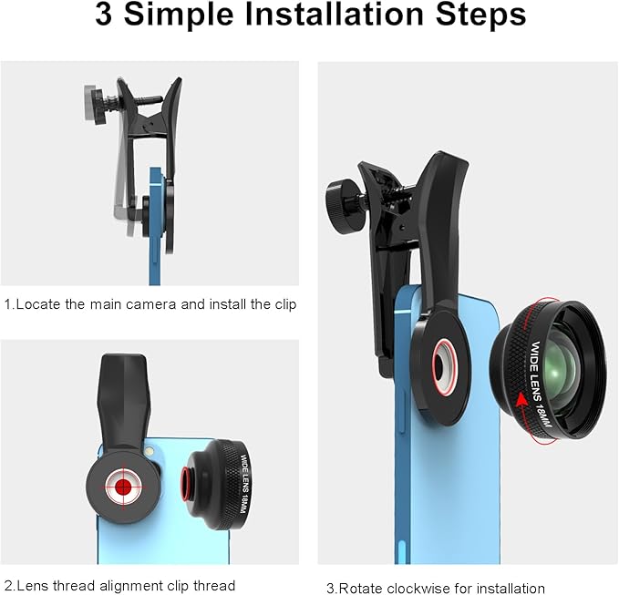 18mm Wide Angle Lens for iPhone Samsung and Android Smartphone, with 17mm Thread Universal Phone Lens Clip and Black Portable Bag