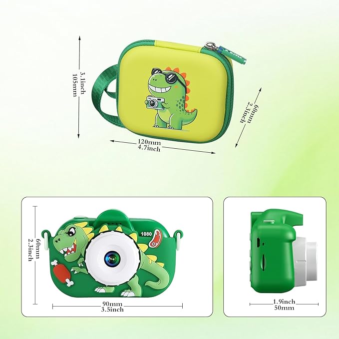 worfty Kids Camera Case Compatible with YEEHAO/Goopow/Hangrui/Masterbee/OUTUVAS/GKTZ Digital Video Camera Toys Camcorder Storage Holder Carrying - Green Dinosaur(Case Only) (Green dinosaur)