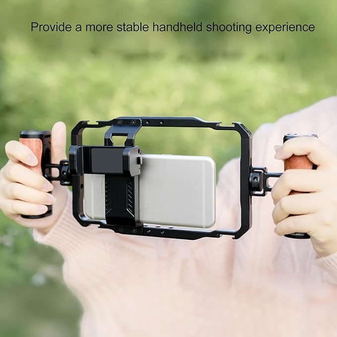 Universal Phone Cage, Aviation Aluminum Phone Video Rig with 12x 1/4 Threaded Holes 4X Cold Shoe Openings, Dual Handle Power Bank Stand, for Pixel 5580mm Width
