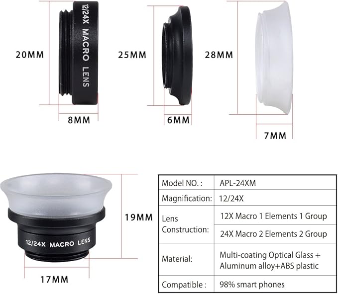 APEXEL 12X / 24X Macro Lens, Macro Lens for iPhone with Universal Clip, HD Phone Attachment for Phone Camera, iPhone Photograph Accessories Fits for All Cellphone and Pads Mini Microscope