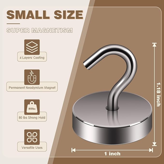 Neosmuk Magnetic Hooks, Cruise Ship Essentials, 80lb+ Heavy Duty Magnetic Hooks for Cruise Cabins, Refrigerator, Grill, Hanging, and Travel | Extra Strong Must-Haves Magnet Hook,Grey, 5 Pack