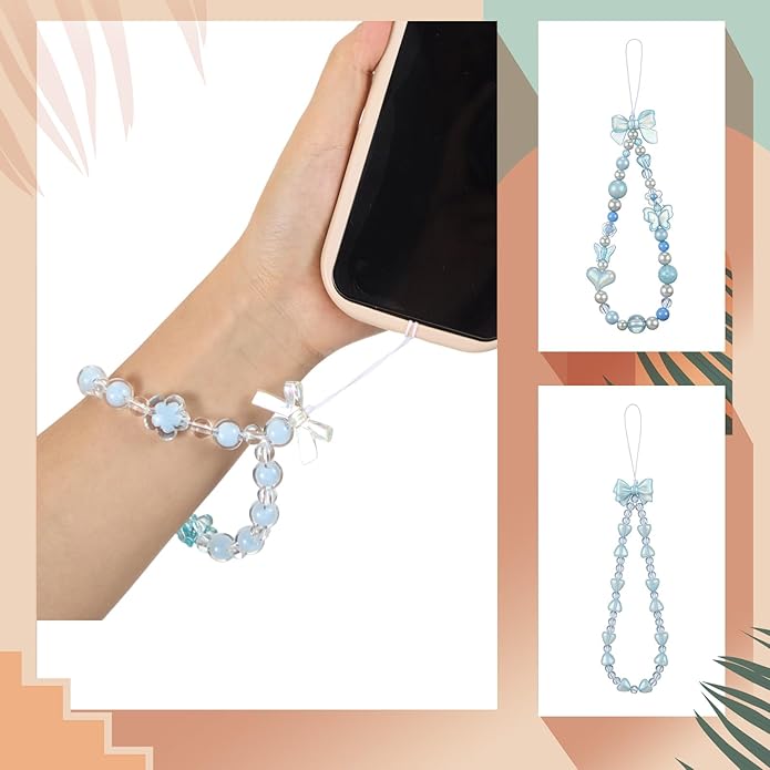 Ecally 3 Pcs Phone Charms Strap Camera Charm Strap Pearl Beaded Butterfly Bow Flower Cute Phone Wrist Lanyard Bracelet for Camera Keychain Wallet Decor Easter Gifts