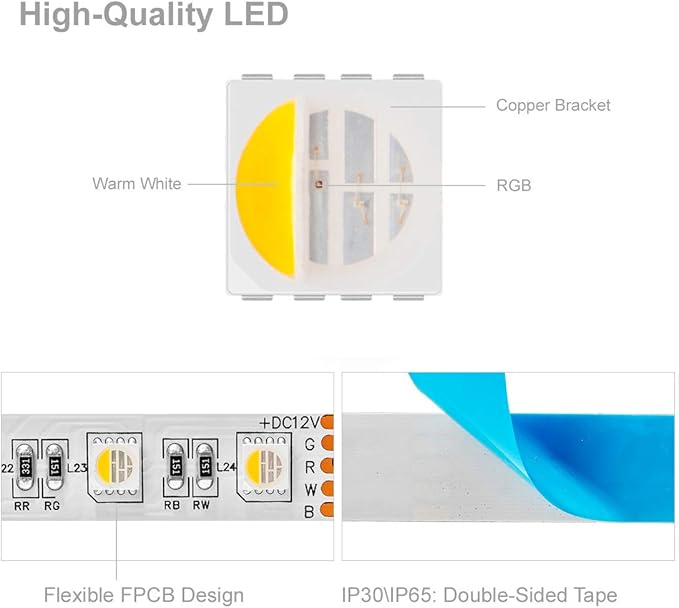 BTF-LIGHTING 5050 RGBW RGB+Warm White(2700K-3000K) 4 Colors in 1 LED Tape Light DC24V 5m 16.4ft 60LED/m Multi-Colored IP65 White 12mm PCB for Bedroom Kitchen Home Decoration(No Adapter or Controller)