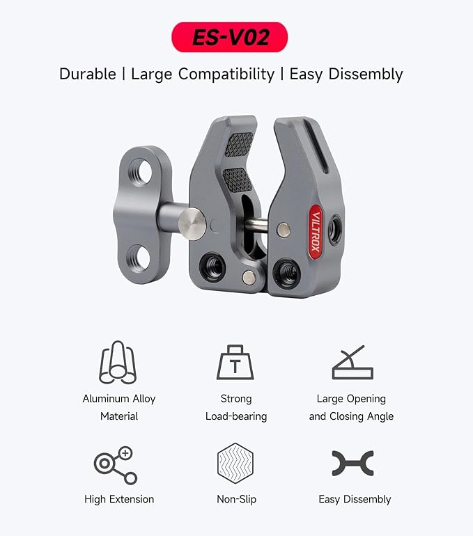 VILTROX ES-V02 Super Crab Claw Clamp Magic Arm Camera Clamp, Crab-Shaped Monitor Clamp with 1/4" 3/8" Threaded Holes for Gopro/DSLR Camera/Stabilizer/LED Light for Photography Video Recording Vlogging
