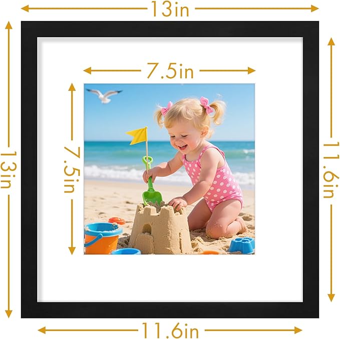 Vittanly 12x12 Picture Frame, Made of Solid Wood and Shatterproof Plexiglass, Display Pictures 8x8 with Mat or 12x12 without Mat, Wooden Photo Frame for Wall Mounting, Black, 1 Pack
