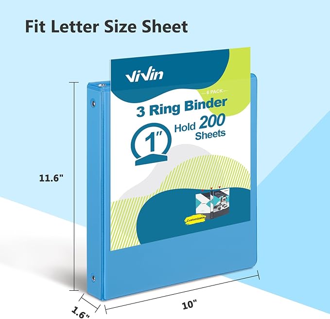 ViVin 1 Inch Round Ring View Binder for Durability, Standard 3 Ring Binder for 200 Sheets of US Letter Size Paper, PVC-Free, 6-Pack (Light Blue)