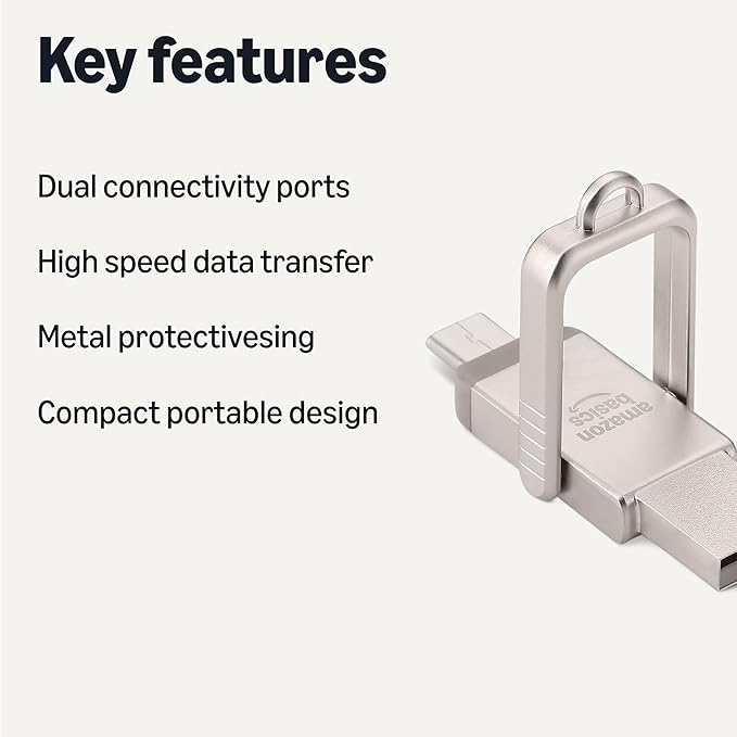 Amazon Basics USB Flash Drive, Thumb Drive Memory Stick with USB C and USB A Dual Ports, 128GB, Champagne Silver