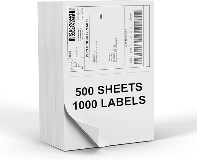 Half Sheet 8.5x5.5inch Shipping Mailing Label 1000 Counts, 2 Labels Per Sheet 8.5 x 11 for Laser & Inkjet Printer, Permanent Adhesive Label Square Corner (500 Sheets)
