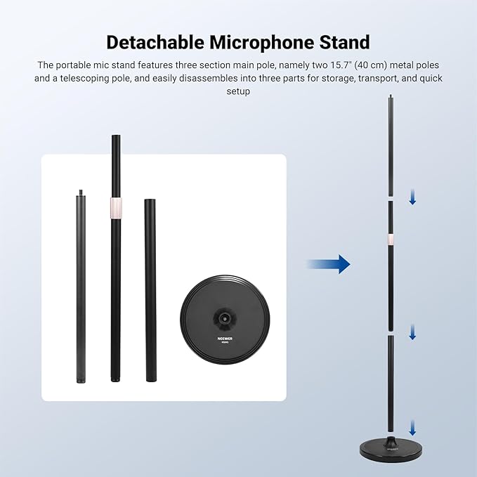 NEEWER Microphone Floor Stand, 3 Section Adjustable Detachable Mic Clamp Holder Mount with Weighted Base, Compatible with Blue Yeti HyperX QuadCast Shure SM58 Samson Q2U Fifine K669B, MS045