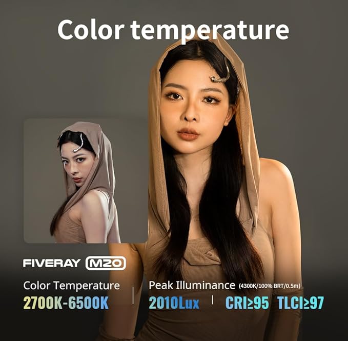 ZHIYUN FIVERAY M20 Bicolor Video Light, [Official] 20W Portable Camera Light, TLCI 97+, Temperature 2700K-6500K with 9 Light Effects, Support Magnetic Attraction and USB-C PD