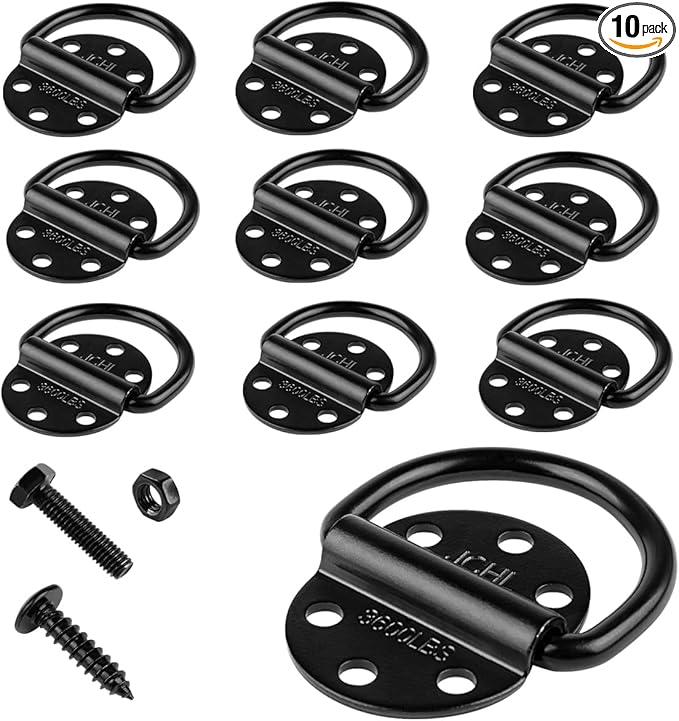 D-Rings Tie Downs Anchors Heavy Duty Steel 3600 Pound Capacity Lashing Rings for Loads on Trailers Trucks RV Campers Vans ATV SUV Boats Tie Down Ring with Screws&Bolts (10-Packs)