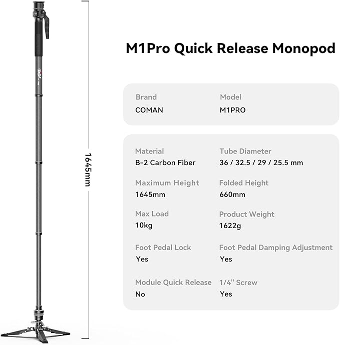 COMAN One-Click Lifting Carbon Fiber Monopod, M1 Pro Camera Monopod with Feet, 65'' Lightweight Travel Tripod with Quick Release Foot Lock for Camera, DSLR, Camcorder, Max Load 44lbs / 20kg (M1Pro)