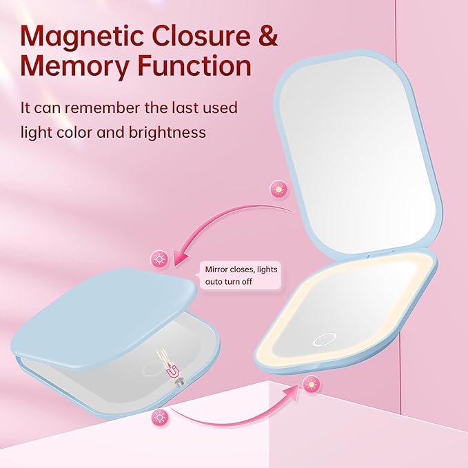 Benbilry Lighted Compact Travel Mirror with 3 Color Lights, 1X/3X Magnifying Ultra Slim Rechargeable Pocket Mirror for Purse, 2-Sided, Handheld, Folding, Portable, Blue