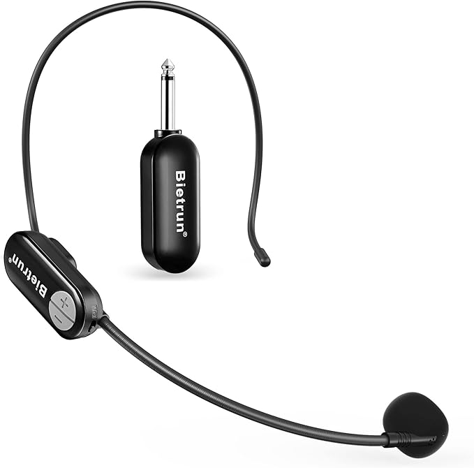 Bietrun Wireless Microphone Headset with 1/4''Plug, 165ft Range, UHF Wireless Headset Mic & Handheld Mic 2 in 1, for Karaoke Speaker, Amplifier, Speakers, PA System, Teaching, Fitness (Black)