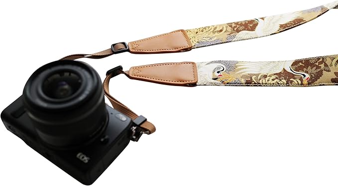 Original Design Personalized Adjustable Camera Strap Chrysanthemum & Crane in Tan, Fit for Canon Nikon Sony Olympus Interchangeable Lens Digital Camera/DSLR etc.