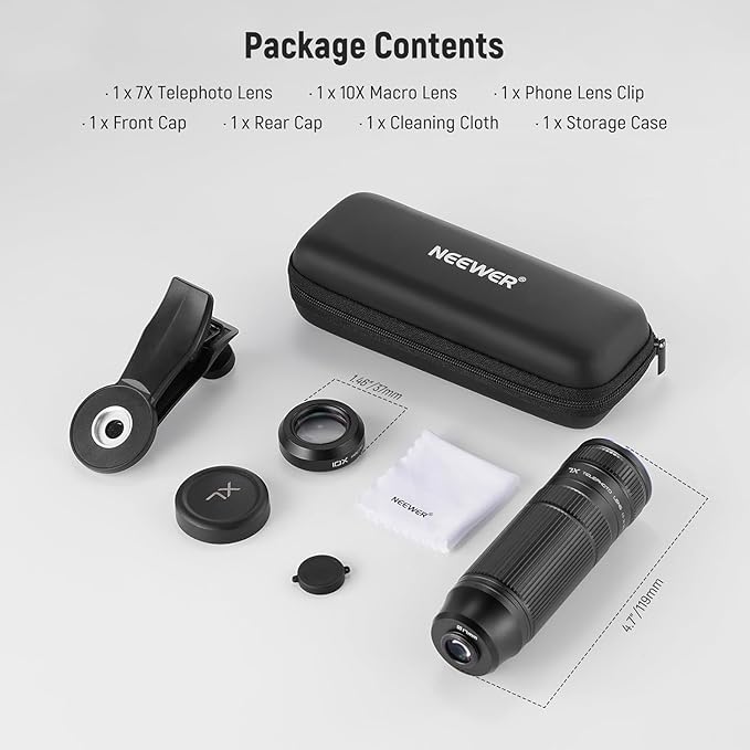 NEEWER 7X Telephoto Lens with Phone Camera Lens Clip, Detachable 10X Macro for 17mm Threaded Backplate/Phone Cage/Case Compatible with iPhone Samsung, LS-36 Ultra