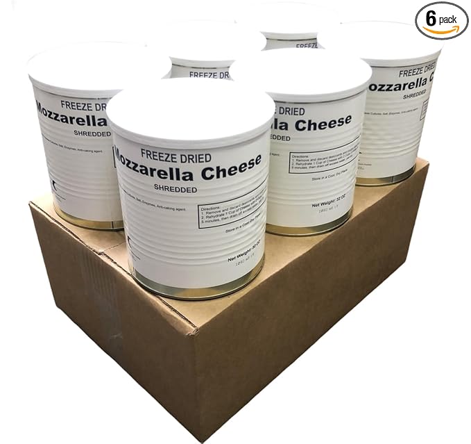 Military Surplus Freeze Dried Shredded Mozzarella Cheese – #10 Can – 32 oz per Can – 25+ Year Shelf Life – Emergency Survival Food – Long-Term Storage – High Calcium – Ready to Use – Made in USA Pack of 6