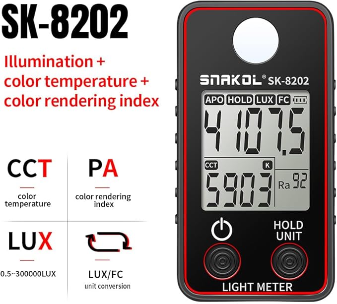 Illuminance Meter,Color Temperature Tester High Precise Illuminance Meter 0.5-300000LUX LED Illumination Test Meter Photographic Luminance Measuring Device