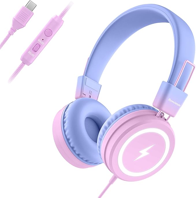 Kids Headphones with LED Lights for School, Upgrade USB Type C Kid Headphone with Microphone, Volume Limiter 85/94dB, Wired On Ear Headphones for Boys/Girls/Tablet/Travel -Gradient Purple