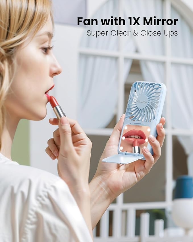 Gaiatop Portable Handheld Fan, 3 Speed LED Makeup Mirror with Light, Folding Stand for Desktop, Rechargeable Mini Personal Fans Small Travel Essentials Gifts for Women Girls