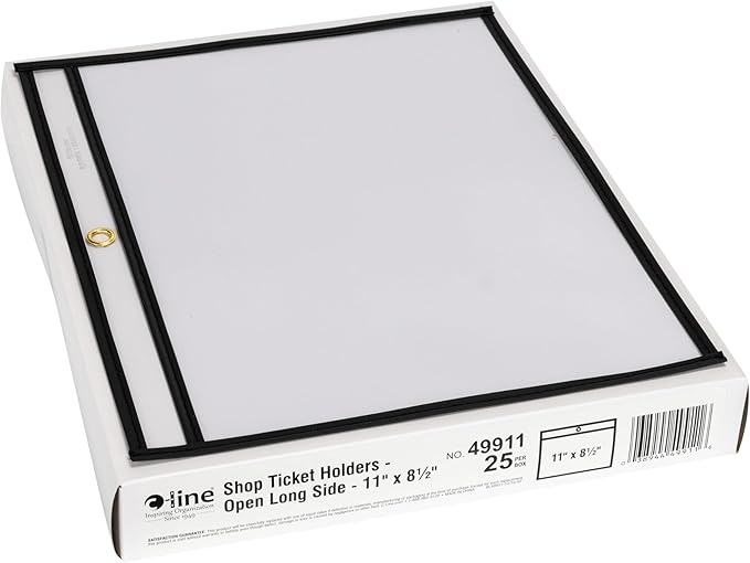 C-Line Stitched Shop Ticket Holders, Both Sides Clear, Open Long Side, 11 x 8.5 Inches, 25 per Box (49911)