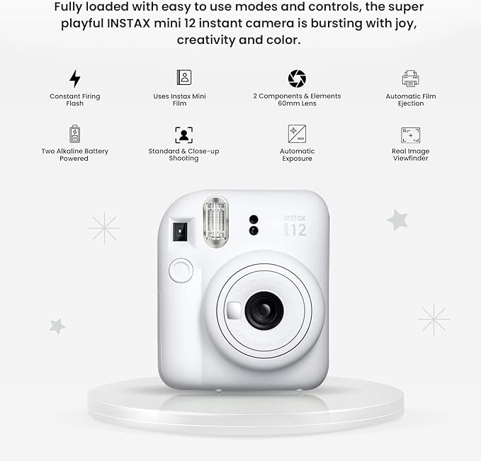 Fujifilm Instant Mini 12 Camera + Accessory Bundle & Custom Case + Fuji Instant (20 Shots) Designer Mini Photo Album (60 Pockets) (Clay White)