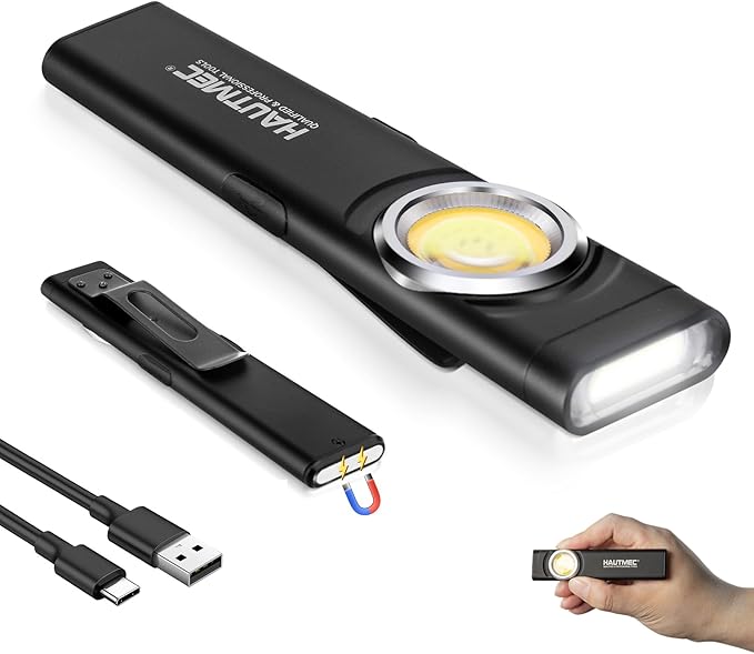 HAUTMEC Slim Flat Flashlight Rechargeable Work Light with USB-C Fast Charging, Pocket Flashlight with Clip, Dual Light, Magnetic Base, 500LM Aluminum LED Torch IP64 Waterproof & Drop-Resistant