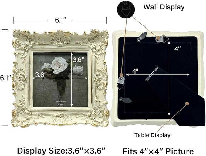 CISOO 4x4 Vintage Small Picture Frame, Antique Ornate White with Gold Square Photo Frame, for Table Top and Wall Display, Decorative Floral Design Retro Home Decor, Photo Gallery Art