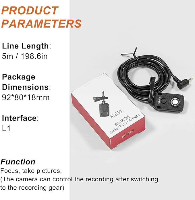 RC301-L1 for Panasonic Remote Camera Small Shutter Release Remote Control 196.8 "Extended Cable Remote Wired Button GH3 GH4 GH5 GH6 S5 S5II G85 G9 GXL S1R -114(RC301-L1 GH 196.8in/5m)