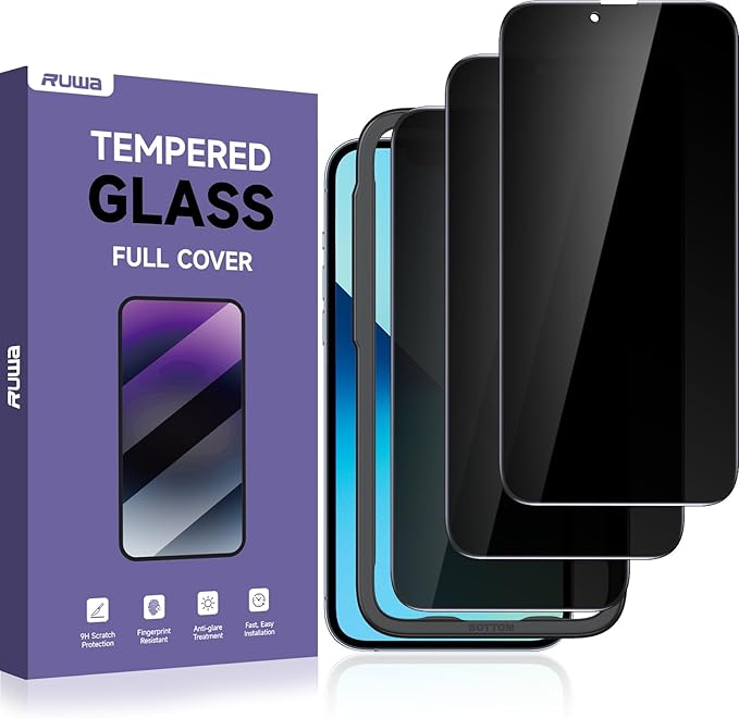 ruwa Privacy Screen Protector for iPhone 13 Pro Max/14 Plus [6.7 Inch][3-Pack] Anti-peep Tempered Glass Film with Easy Installation Alignment Frame