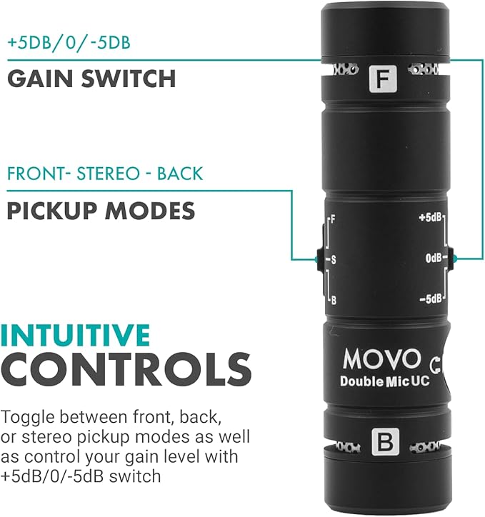 Movo DoubleMic-UC Dual Capsule Phone Microphone for USB-C Devices- Two-Sided Cardioid Condenser Android Shotgun Mic for Video Recording- Professional Microphone for Samsung, iPad Pro, Google Pixel