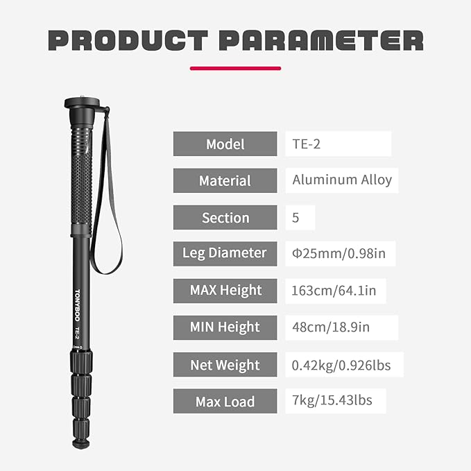 TONYBOO 65” Camera Monopod, Φ25mm 6-Section Aluminum Camera Monopod Stand, with Wrist Strap, Rubber Grip, Twist Locks, Compatible with Photography DSLR Camera Mirrorless, Load up 8kg- TE-2