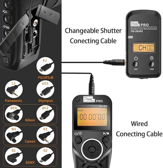 Pixel TW-283 E3 Wireless Shutter Release Cable Wired Remote Control Compatible Compatible for Canon XT XTi XS XSi T1i T2i T3 T3i T4i T5 T5i T6i SL1 EOS1300D 300D 60D 60Da 70D 80D
