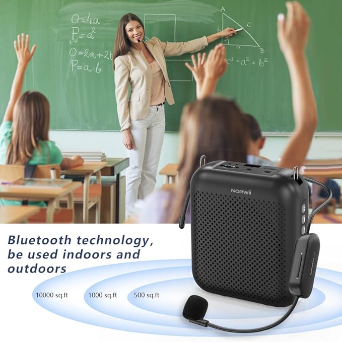Norwii Voice Amplifier Wireless Microphone , 4000mAh Portable Rechargeable Bluetooth Mini Personal Speaker with 2 Headset Microphones for Teachers, Classroom, Meetings and Tour, Black
