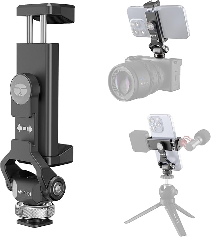 Sirui Metal Phone Holder with Cold Shoe Base for Camera Mount, Universal Tripod Smartphone Clamp with 3 Cold Shoes, Adjustable Cellphone Tripod Mount for iPhone 16 15 14, etc. Gunmetal, AM-PH01
