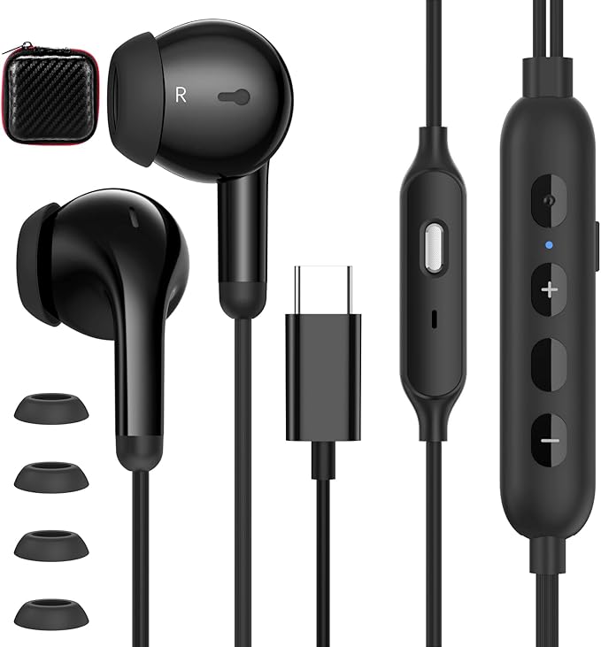 APETOO USB C Headphone Wired Earbuds with 2 EQs - Bass Boost & Clear Vocal, Microphone, Volume Control, Mute Button, Noise Isolating Type C Earphones for iPhone 17 16/iPad/Samsung S25/Pixel 10/Android
