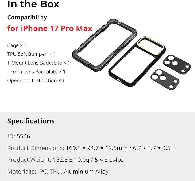 SMALLRIG Mobile Video Cage for iPhone 17 Pro Max, Case with T-Mount Lens Backplate and 17mm Threaded Lens Backplate, TPU Soft Frame, for Video Shooting and Live Streaming, Basic Edition - 5546