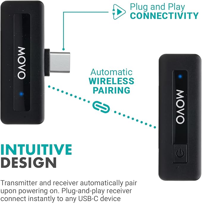 Movo Mini USB-C Duo Wireless Microphone for iPhone 15/16/17 and up - Ultracompact Microphone for iPhone 15/16/17 with Clip on Wireless Lavalier Mic