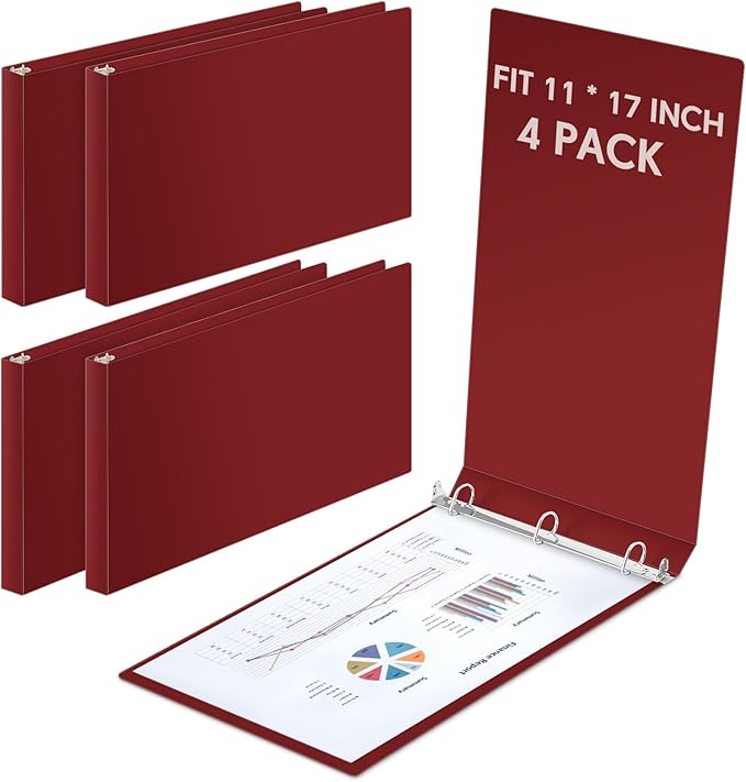 Humyoun 4 Pcs 11 x 17 Inch 3 Ring Binders 2 Inch Rings Heavy Duty View Plastic Flexible D Ring Binders Economy Holds 11" x 17" Paper for Artwork Blueprints, Office, Home, Work Places(Red)