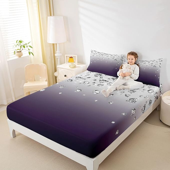Erosebridal Purple Gradient Color Bed Sheets Set Purple Ombre Sheet Set Full Size Modern Abstract Fitted Sheet for Adult Women Girls Gradient Diamond Flat Sheet Soft Lightweight Luxury Bedding