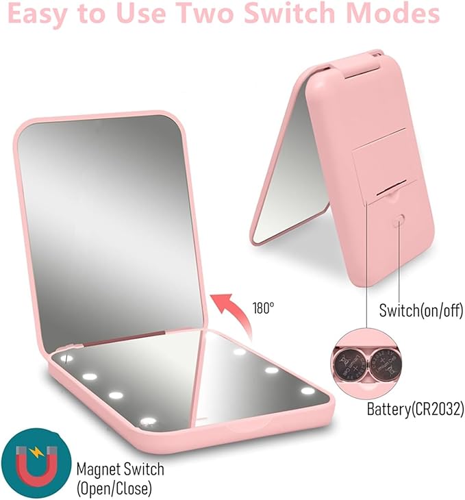 Compact Mirror, 1x/3x Magnification Mini Mirror for Purse, Pocket, Handheld, Stocking Stuffers, Travel Makeup, 2-Sided Foldable, Small Mirror with Led Lights